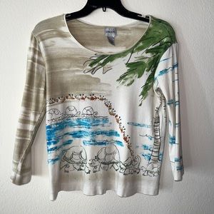 Chicos Additions cotton print shirt with beach scene of turtles & crabs, medium
